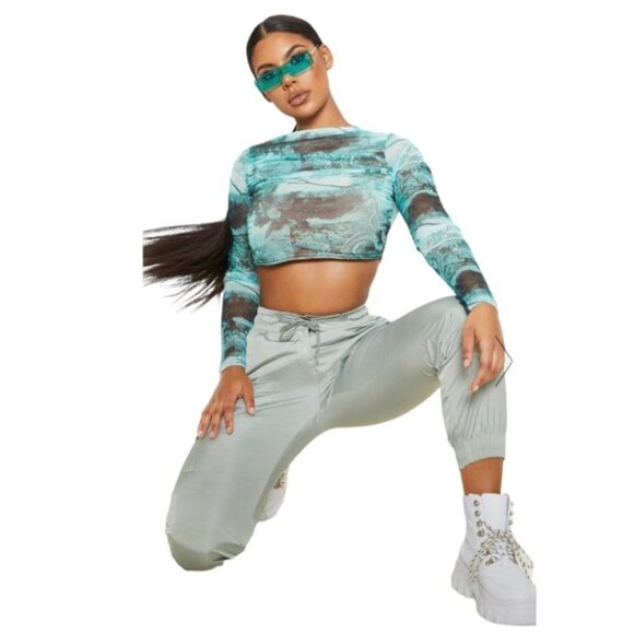 PrettyLittleThing Crop Top Size 4 Emerald Long Sleeve Chinese Dragon Mesh Ruched - Picture 3 of 8